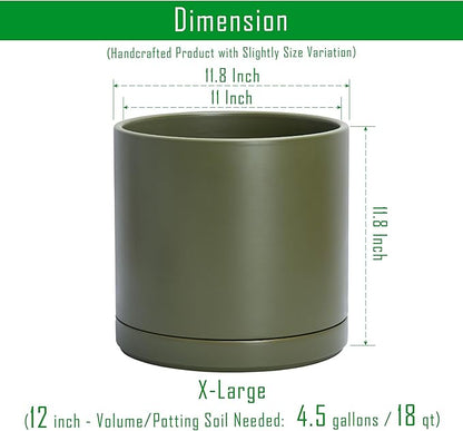 D'vine Dev 12 Inch Ceramic Planter Pot with Drainage Hole and Saucer, Indoor Cylinder Round Planter Pot, Olive, 94-O-F-J