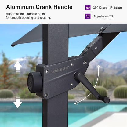 PURPLE LEAF 10' × 10' Patio Cantilever Umbrella Outdoor Square Adjustable Offset Umbrellas with 360-degree Rotation and 8 Heavy Duty Metal Ribs for Garden Deck Pool Gray