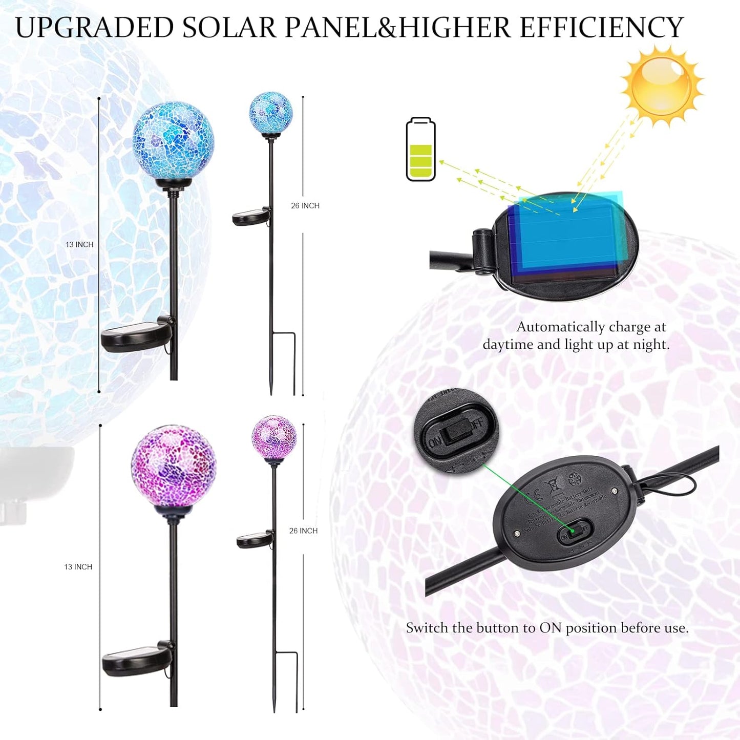 VCUTEKA Solar Garden Decorative Lights Outdoor, Mosaic Solar Light Waterproof LED Pathway Stake Light for Landscape Patio Yard Deck Walkway Decoration, 2 Pack