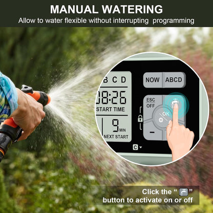 Watering Timer 4 Zone with with Brass Inlet, Sprinkler Timer, Programmable Garden Outdoor Hose Faucet Timers with Rain Delay/Manual/Automatic Watering System,Water Hose Irrigation Timers 4 Outlet