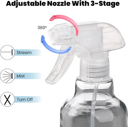 Glass Spray Bottles with Silicone Sleeve, 2 Pack 16.9oz Refillable Containers with Adjustable Spray Nozzles, Empty Spray Bottle for Cleaning Solutions, Hair, Plants (Light Blue+Purple)