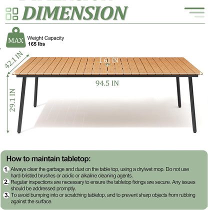 Outdoor Dining Table for 8-10, 94.5 inch Patio Dining Table with Wooden-Like Top and Aluminum Frame, Rectangular Table with Umbrella Hole Outdoor Furniture, Brown