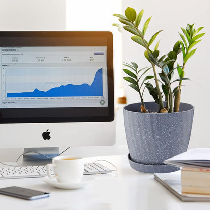 7 Inch Plant Pots Bulk, 6 Pack Plastic Planters with Drainage Holes and Saucers for Indoor Outdoor House Plants and Flowers, Grey