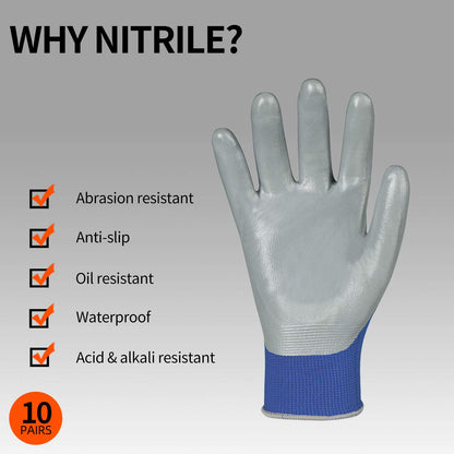 Vgo... 10-Pairs Safety Work Gloves, Gardening Gloves, Non-slip Nitrile coating, Dipping Gloves (Size XL, Blue, NT2110)