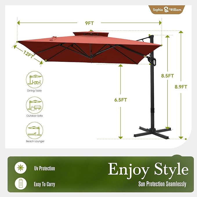 Sophia & William Cantilever Patio Umbrella 12ft, Offset Large Outdoor Umbrellas with 360°Rotation, Heavy Duty Hydraulic Double Umbrella for Garden Pool Backyard, Red (no base)