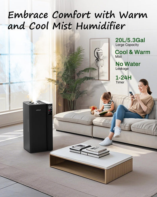 Mifasol Humidifier Large Room Warm and Cool Mist, 5.3Gal/20L Humidifiers for Home 1500 sq ft, Double Nozzles Whole House Humidifier, Humidifiers for Bedroom Plants Office Commercial Large Areas, Black