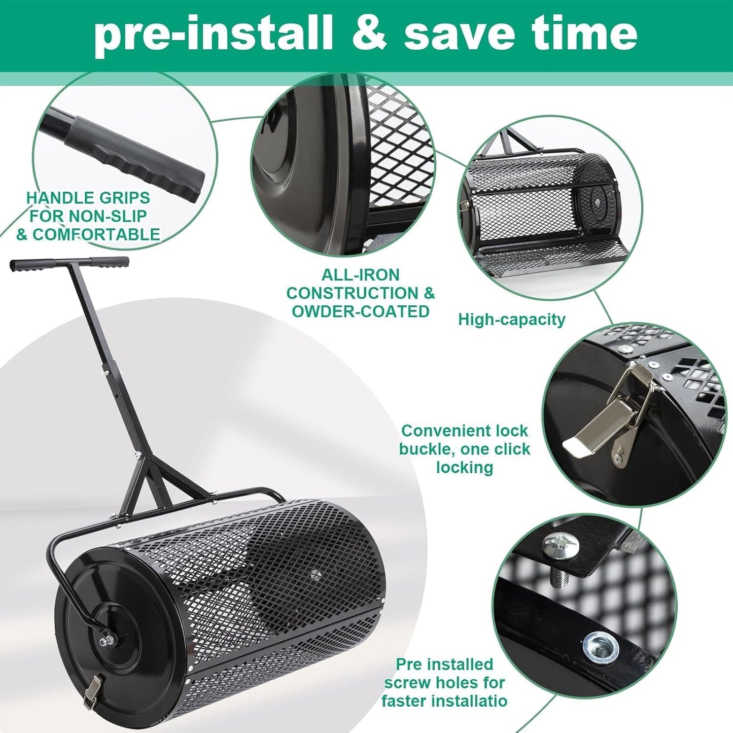 Compost Spreader, Durable Lawn Roller, Manure Spreader with Upgrade T Shaped Handle, Top Soil Spreader for Lawn and Garden Care Manure Spreaders Roller (16 Inch-T-Black-S)