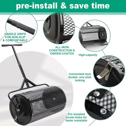 Compost Spreader, Durable Lawn Roller, Manure Spreader with Upgrade T Shaped Handle, Top Soil Spreader for Lawn and Garden Care Manure Spreaders Roller (16 Inch-T-Black-S)