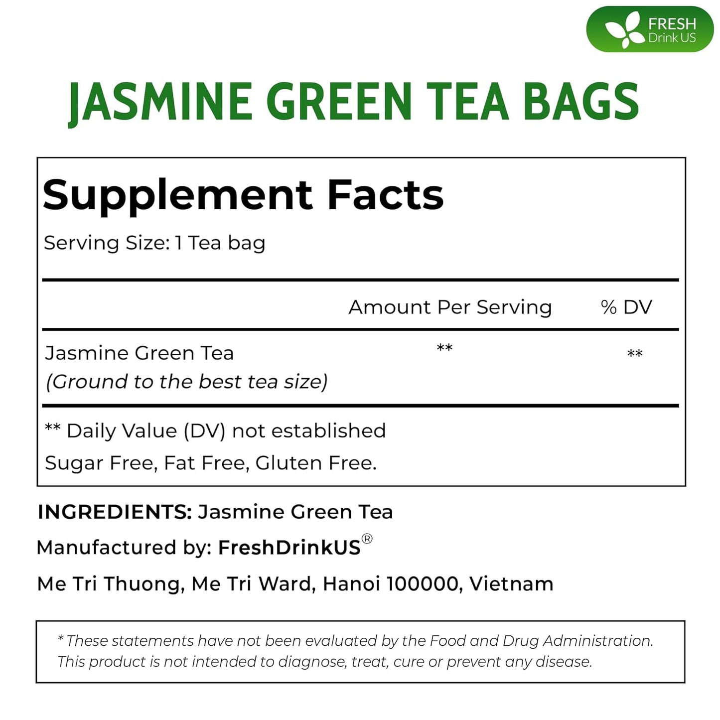FreshDrinkUS, Premium 55 Jasmine Green Tea Bags, 100% Natural & Pure from Jasmine Green Tea. Jasmine Green Herbal Tea. Made with Natural Material Tea Bags. No Sugar, No Gluten, Vegan.
