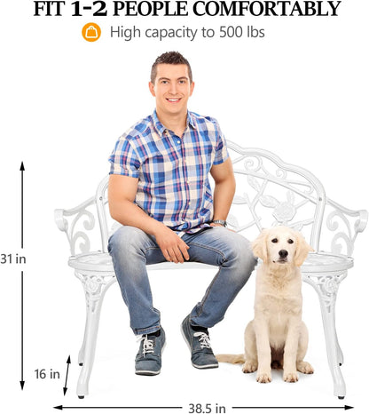 VINGLI 38.5" Patio Park Garden Outdoor Metal Rose Bench,Cast Iron Cast Aluminium Frame Antique Finish Chair,Accented Lawn Front Porch Path Yard Decor Deck Furniture for 2 Person Seat（White