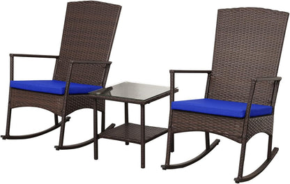 Outdoor Rocking Chairs Set - 3 High-Backed Patio Rockers with Bistro Table & Anti-Slip Cushions, Dark Blue