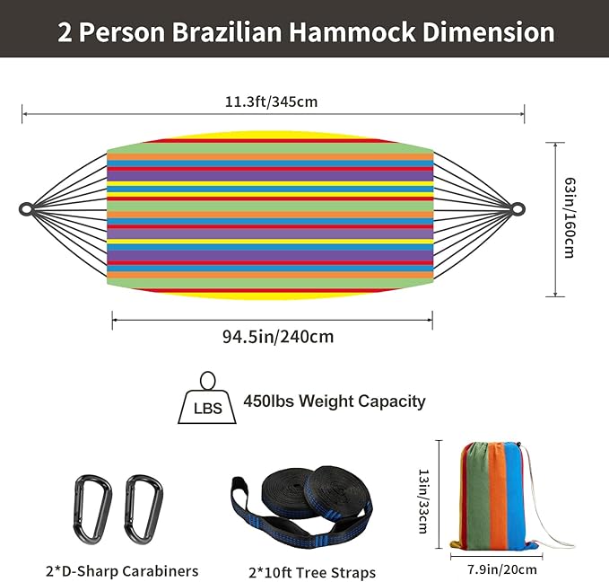 Brazilian Double Hammock with Tree Straps,Extra Large 94x63IN,2 Persons Hammock for Backyard Patio Outdoor and Indoor,450lbs Weight Capacity,Soft Woven Cotton Fabric - Tropical