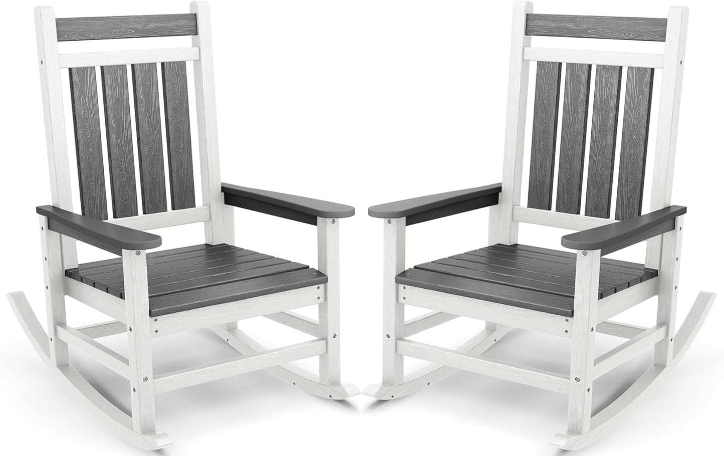 SERWALL Outdoor Rocking Chair Set of 2, HDPE Rocking Chairs for Adult, All Weather Porch Rockers for Lawn Garden, Gray & White