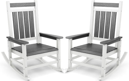 SERWALL Outdoor Rocking Chair Set of 2, HDPE Rocking Chairs for Adult, All Weather Porch Rockers for Lawn Garden, Gray & White