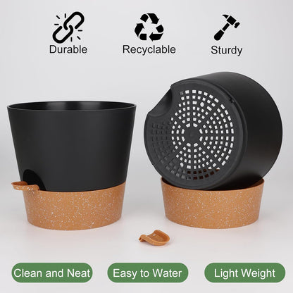 10-Inch Plant Pots, Self-Watering Planters with Drainage Holes & Saucers for Indoor and Outdoor Plants (2-Pack, Black)