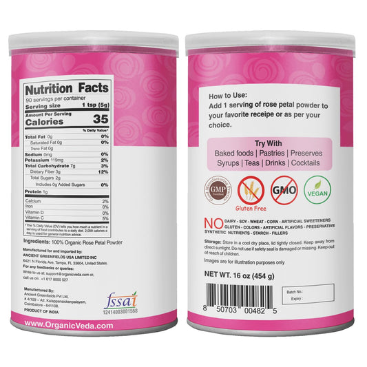Organic Veda Edible Rose Petal Powder - Organic Rose Petal Powder for Cooking, Herbal Tea, Smoothies, Toppings - Natural Rose Petal Powder for DIY Face Masks, Skin, Hair Care - Vegan, No Gluten - 16oz
