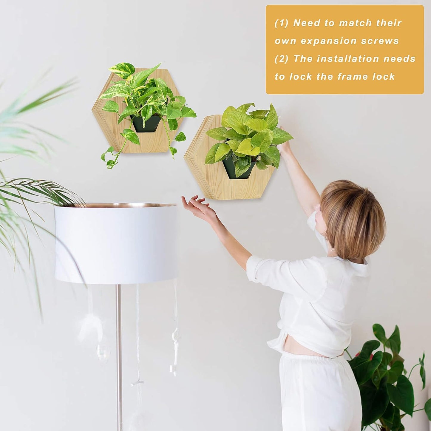 Hexagonal Wooden Wall Planter, Self Watering Living Vertical Planters Indoor, Wooden Frame Planter Wall Decoration Home Office 2pc