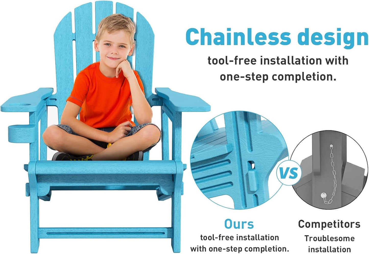 Adirondack Chair, Tool-Free Assembly All-Weather Adirondack Chairs, HDPE Fire Pit Chairs with Cup Holder, Outdoor Chair for Patio Garden（Lake Blue）