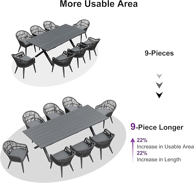 PURPLE LEAF 9 Piece Longer Patio Dining Set with Outdoor Aluminium Dining Table and Woven Chairs Modern Metal Furniture Cushions Sets for Garden Yard Indoor Decor Kitchen Gray