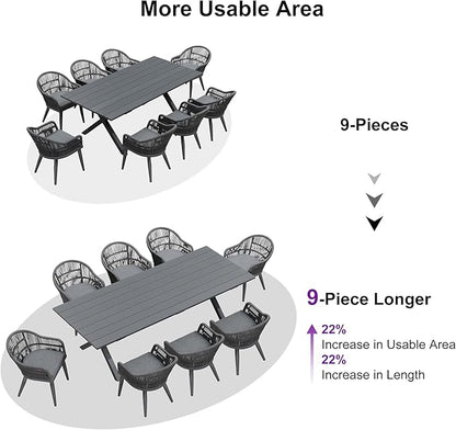 PURPLE LEAF 9 Piece Longer Patio Dining Set with Outdoor Aluminium Dining Table and Woven Chairs Modern Metal Furniture Cushions Sets for Garden Yard Indoor Decor Kitchen Gray