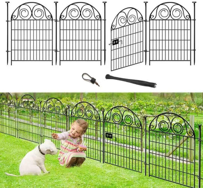 Dog Fence Outdoor for Yard, 32 in(H)×8.8 Ft(L) 4 Panels Garden Fences with Gate, Black Metal No Dig Fence for Dogs, Reusable Defense Temporary Fencing│Patented