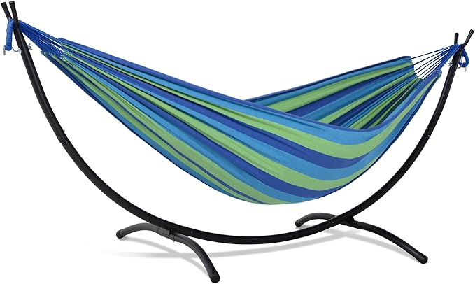 SUNCREAT Portable Outdoor Hammock with Stand Included, Double Hammock with Stand for Outside, Blue & Green Stripes