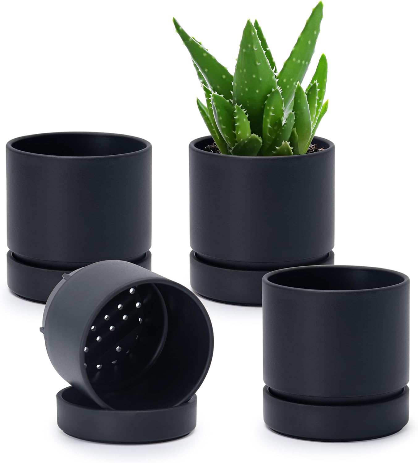 Phoenix Vine 4 Inch Planter Pot with Drainage Hole & Saucer, Deep Water Catch Tray, Straight Cylindrical Round Pot for Plants, Matte Black, Pack of 4, 23-C-R-4