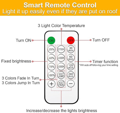 Mlambert 3-Color in 1 Solar String Lights Outdoor Waterproof Dimmable, 48ft Remote LED Patio Lights,15 Hanging Sockets Shatterproof Light for Backyard