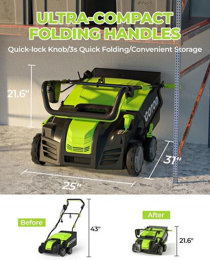 2-in-1 16-Inch Dethatcher & Scarifier Electric Corded, 15 Amp Copper Motor, Electric Lawn Dethatcher with 5-Position Depth Adjustment, 14.5 gal Thatch Bag,Walk Behind for Yard Lawn Garden Care