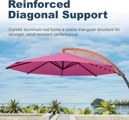 11FT Cantilever Umbrella with Base Large Curvy Outdoor Aluminum Offset Umbrella w/ 360° Rotation, UV Resistant Canopy for Patio, Garden, Backyard, Rose Pink