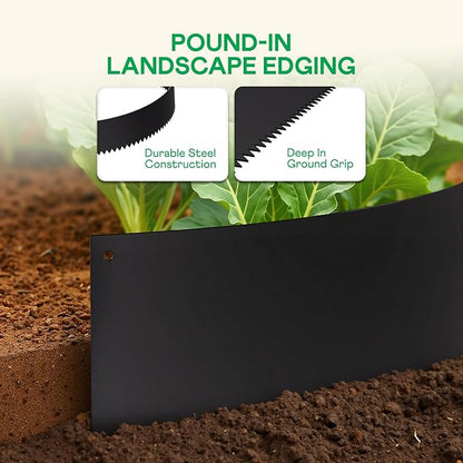 IDZO Black Metal Landscape Edging 8" H, Weather-Resistant Steel Garden Border, Flexible Lawn Barrier, Easy Installation for Flower Beds, Paths, Driveways, and Outdoor Spaces - 6 Pieces