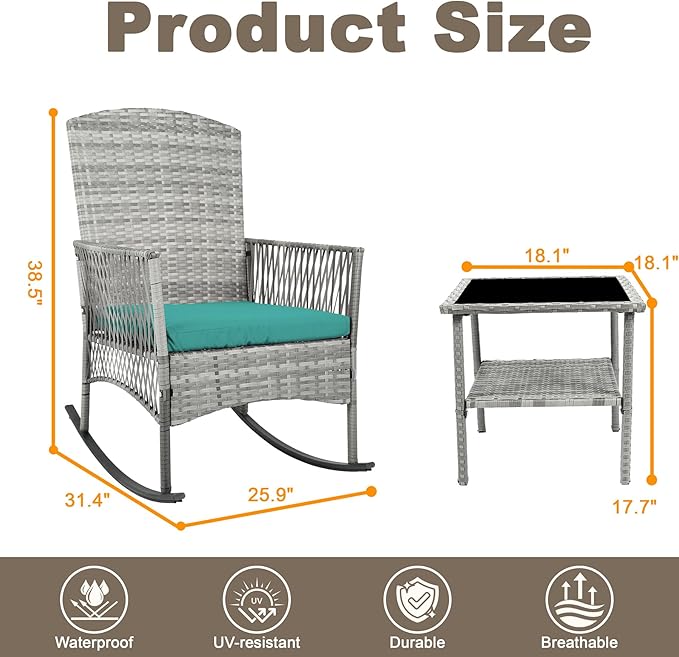 DECMICO Outdoor Rattan Wicker Rocking Chair, 3 Pieces Patio Conversation Furniture Bistro Sets with Side Table and Cushions for Porch Garden and Balcony