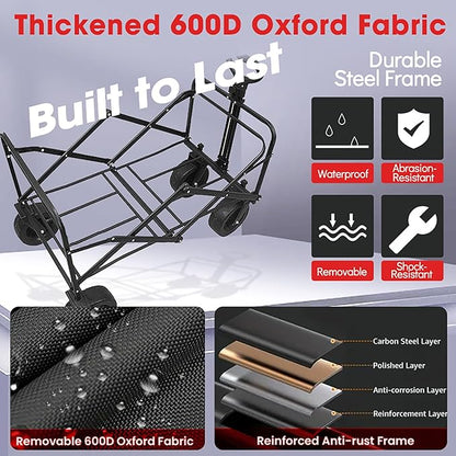 240L Capacity Foldable Wagon with Brakes, 49" Extra Long Extender Wagon Cart 460lbs Heavy Duty Collapsible Utility Cart with All-Terrain Big Wheels for Camping, Shopping, Beach