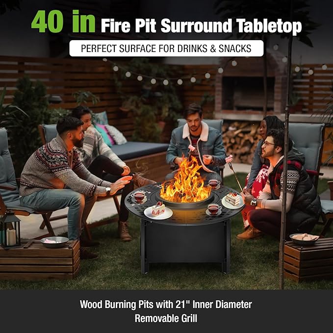 hykolity 40 inch Smokeless Fire Pit Surround Table, 3 in 1 Outdoor Fire Pit with Side Table& Grill.Fueled by Pellets or Wood.Outdoor Smokeless FirePit with Stove,for Patio, Backyard, Camping