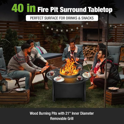 hykolity 40 inch Smokeless Fire Pit Surround Table, 3 in 1 Outdoor Fire Pit with Side Table& Grill.Fueled by Pellets or Wood.Outdoor Smokeless FirePit with Stove,for Patio, Backyard, Camping