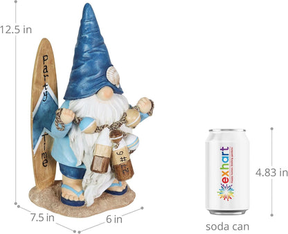 Exhart Garden Gnome, Solar Surfer Party Time Garden Sculpture with Surfboard Sign, LED Lights, Outdoor Lawn and Yard Decoration, 7 x 6 x 12.5 Inch