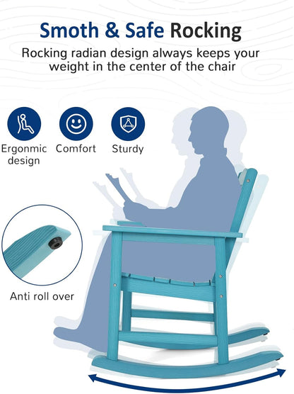 Patio Rocking Chairs Set of 2, Weatherproof HIPS Outdoor Rocking Chair for Adults, 400LBS Support Heavy Duty Porch Rocking Chairs for Garden, Lawn, Backyard, Outdoor and Indoor (Lake Blue)