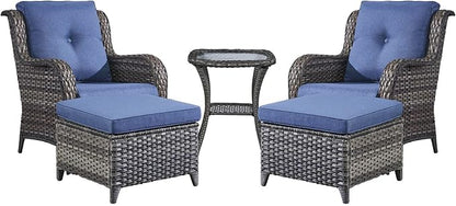 Rilyson Wicker Patio Furniture Set - 5 Piece Rattan Outdoor Sectional Conversation Sets with 2 Chairs,2 Ottomans and 1 Side Table for Porch Deck Garden(Mixed Grey/Blue)