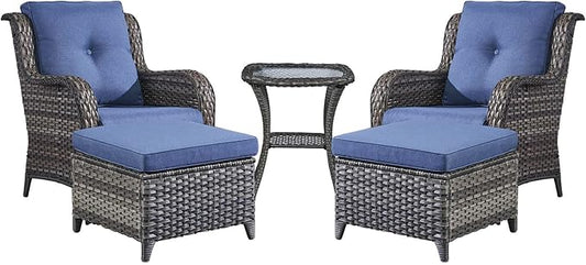 Rilyson Wicker Patio Furniture Set - 5 Piece Rattan Outdoor Sectional Conversation Sets with 2 Chairs,2 Ottomans and 1 Side Table for Porch Deck Garden(Mixed Grey/Blue)