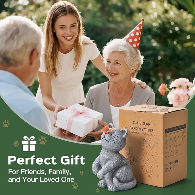 DyBaxa Solar Garden Décor, Garden Statues, Gifts for Women, Mom, Grandma, Patio, Balcony, Yard Decorations Outdoor - Unique Birthday & Housewarming Gifts, Cat Decor with Butterfly Light