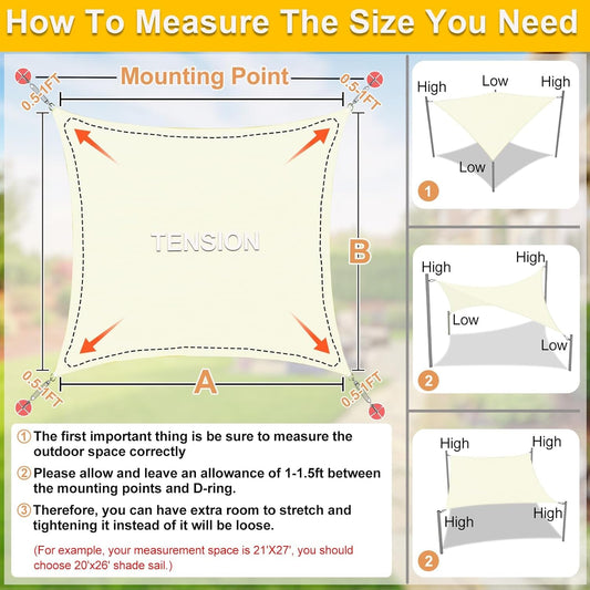 KANAGAWA Sun Shade Sail Curved 16'X16' Cream Rectangle Outdoor Shade Cover UV Blovk Canopy for Patio Garden Backyard Heavy Duty Permeable 185GSM (We Make Custom Size)