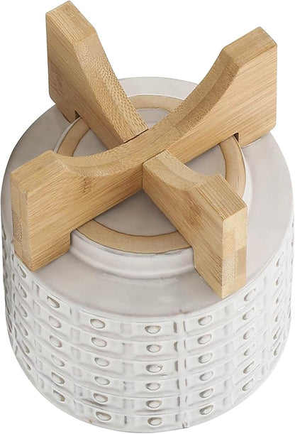 Sagebrook Home Ceramic Planter with Stand - Textured Stoneware Pot with Bamboo Wood Base - Modern Indoor & Outdoor Plant Holder - 8" Ivory