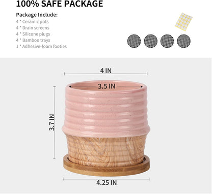 OMAYKEY 4 Inch Ceramic Plant Pot with Saucer, Water Transfer Printing Grain Planters Pots with Drainage Hole & Mesh Pads for Succulent, Indoor Flowers, Snake Plants, Cactus, Herbs, Set of 4