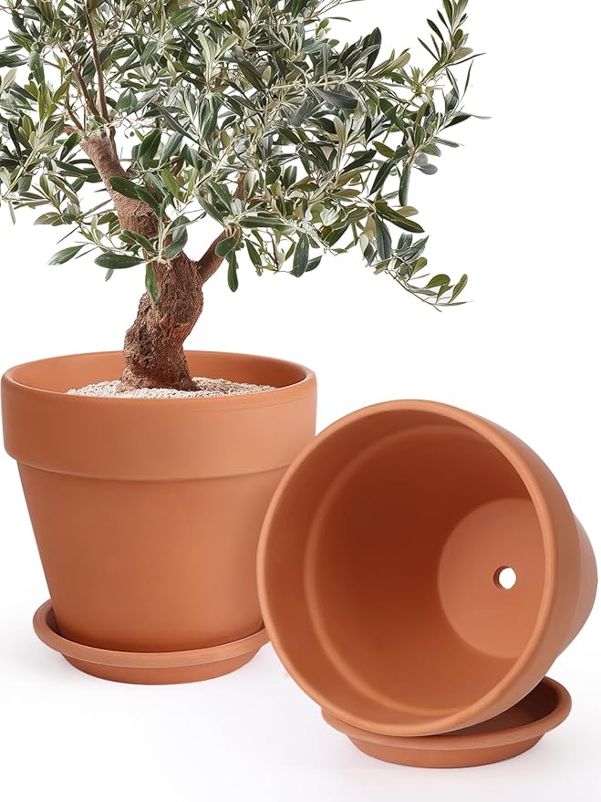 INGOFIN 12 Inch Terracotta Pot Set of 2 with Saucer - Ceramic Clay Pot for Plants with Drainage Hole, Large Terra Cotta Flower Planter with Tray for Indoor Outdoor Plants
