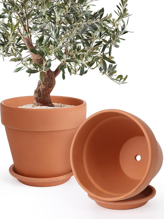 INGOFIN 12 Inch Terracotta Pot Set of 2 with Saucer - Ceramic Clay Pot for Plants with Drainage Hole, Large Terra Cotta Flower Planter with Tray for Indoor Outdoor Plants