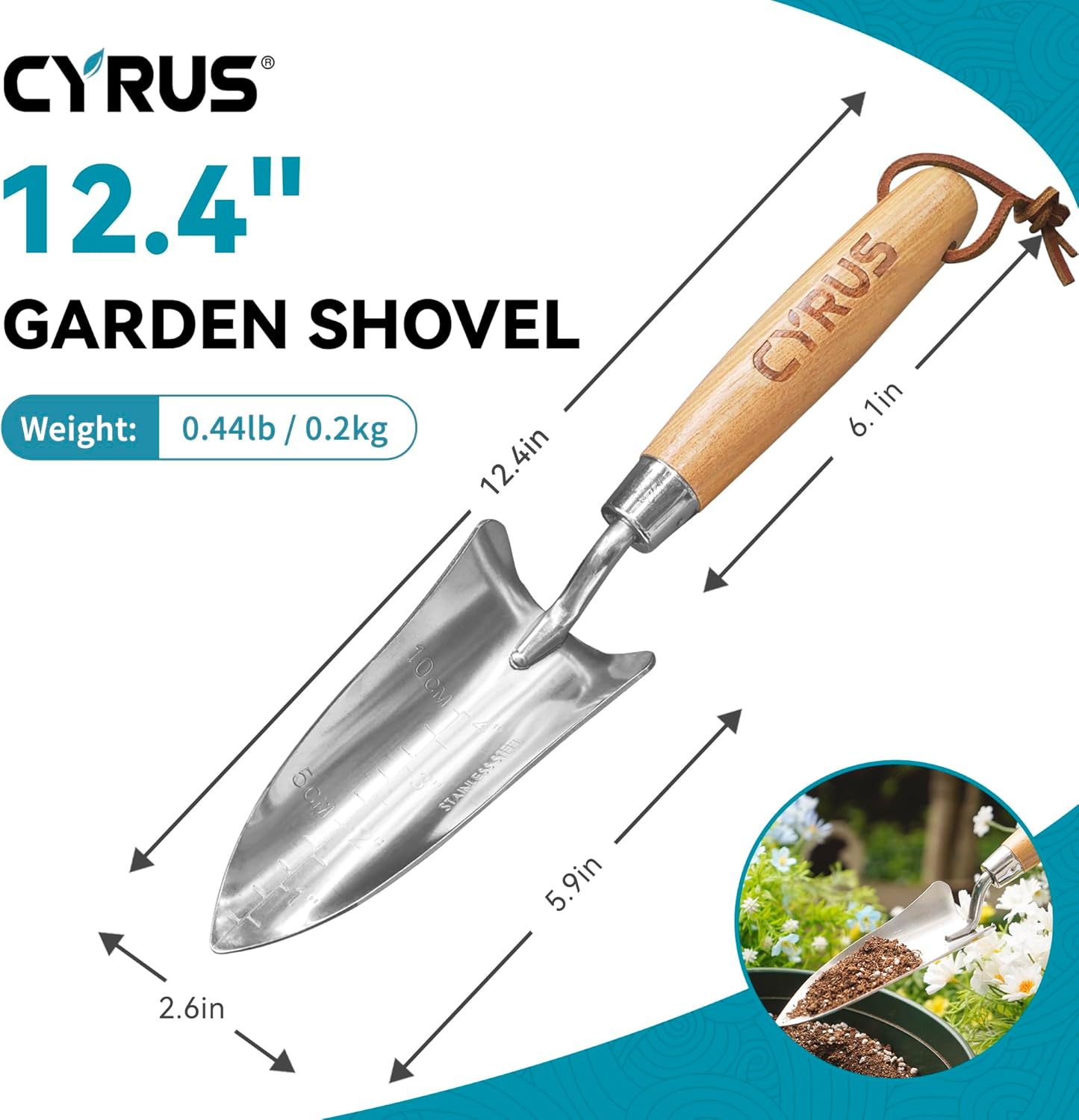 CYRUS 12.4”Garden Shovel,Heavy Duty Small Stainless Steel Garden Trowel with Ash Wood Handle,Suitable for Planting,Measuring,Weeding Multi-Purpose Garden Spade