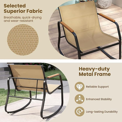 Tangkula 3 Piece Rocking Bistro Set Outdoor, Patio Rocking Chairs & Side Table with Storage Basket, Wood-Like Armrests & Metal Frame, Patio Furniture Set for Porch, Backyard, Lawn & Poolside