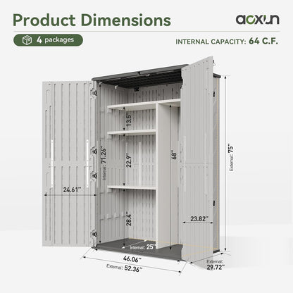 Aoxun Outdoor Resin Storage Shed with Metal Shelving Kit & Floor, 64 Cu.Ft Vertical Waterproof Storage Cabinet for Garage, Pool, Bike, Garden Tools, Patio Furniture (White)