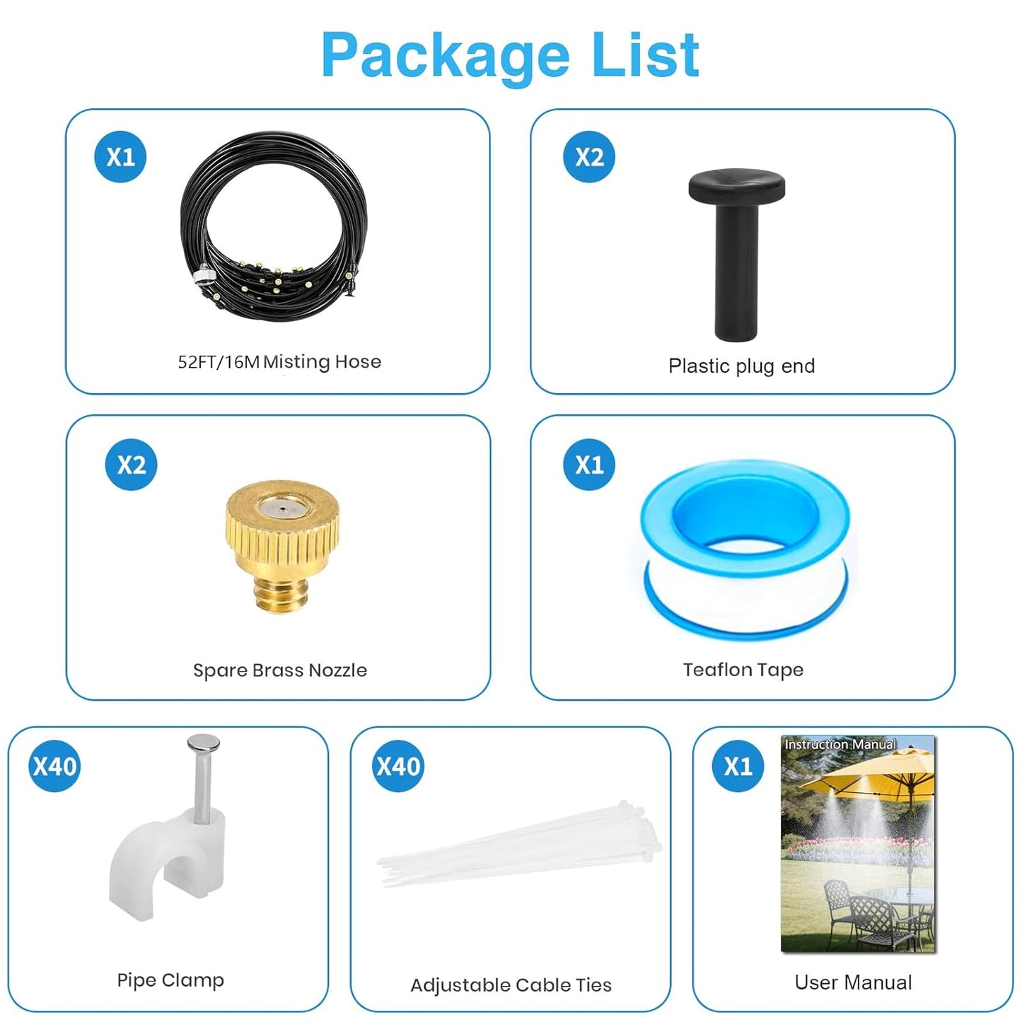 Misting Cooling System 52FT (16M) Misting Line + 18 Brass Mist Nozzles + Brass Adapter(3/4") Outdoor Mister for Patio Backyard Garden Greenhouse Watering Cooling