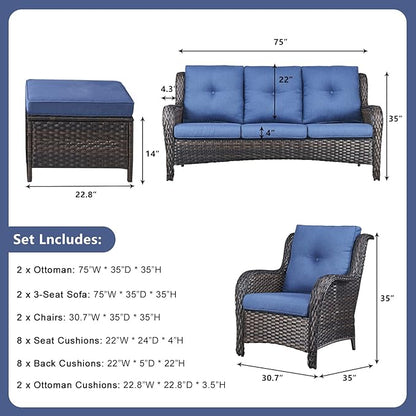 Rilyson Wicker Patio Furniture Set - 6 Piece Rattan Outdoor Sectional Conversation Sets with 2 Sofa,2 Armrest Chairs and 2 Ottomans for Porch Deck Garden(Brown/Blue)